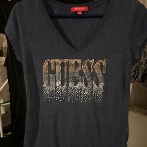 GUESS Women's Dark Blue V-Neck Tee with Gold Accents